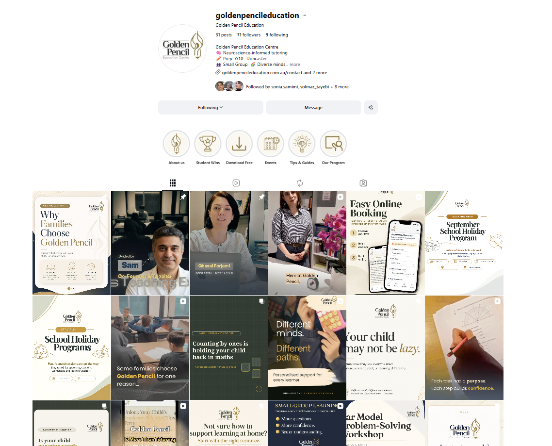 Golden Pencil Education Instagram profile showing a consistent social media content system